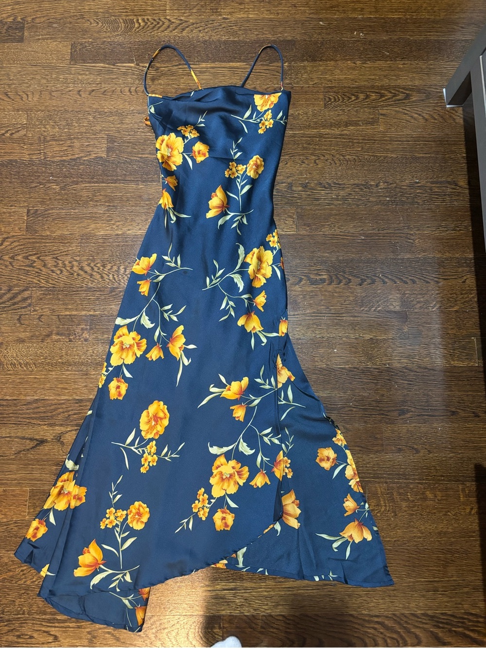 Astr Navy Asymmetrical Slip Dress with Yellow Floral Print